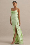 Maddie Light Green Floral Print Satin Cowl Neck Maxi Dress