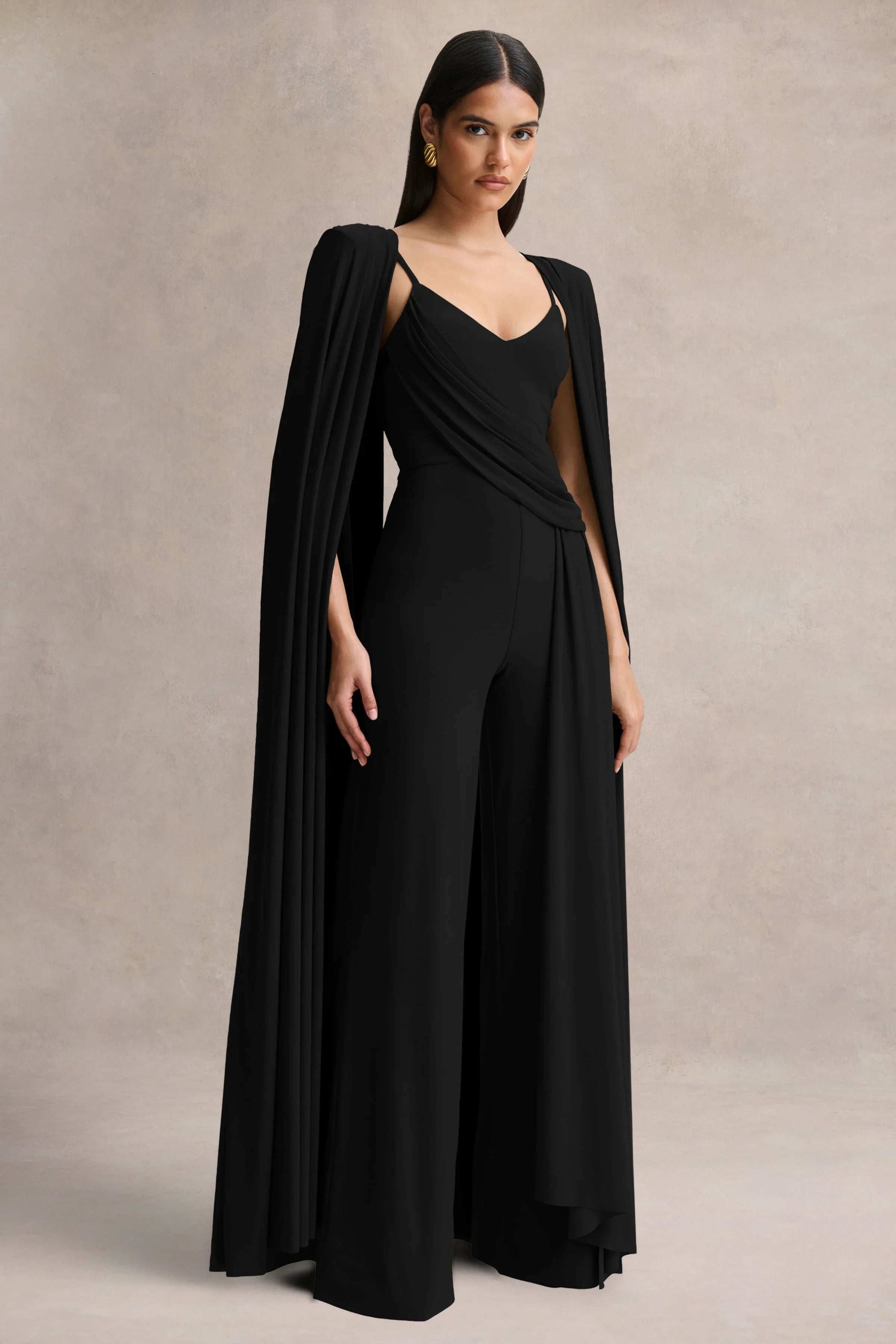 Labina Black Plunge Neck Jumpsuit With Cape Sleeves