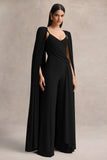 Labina Black Plunge Neck Jumpsuit With Cape Sleeves