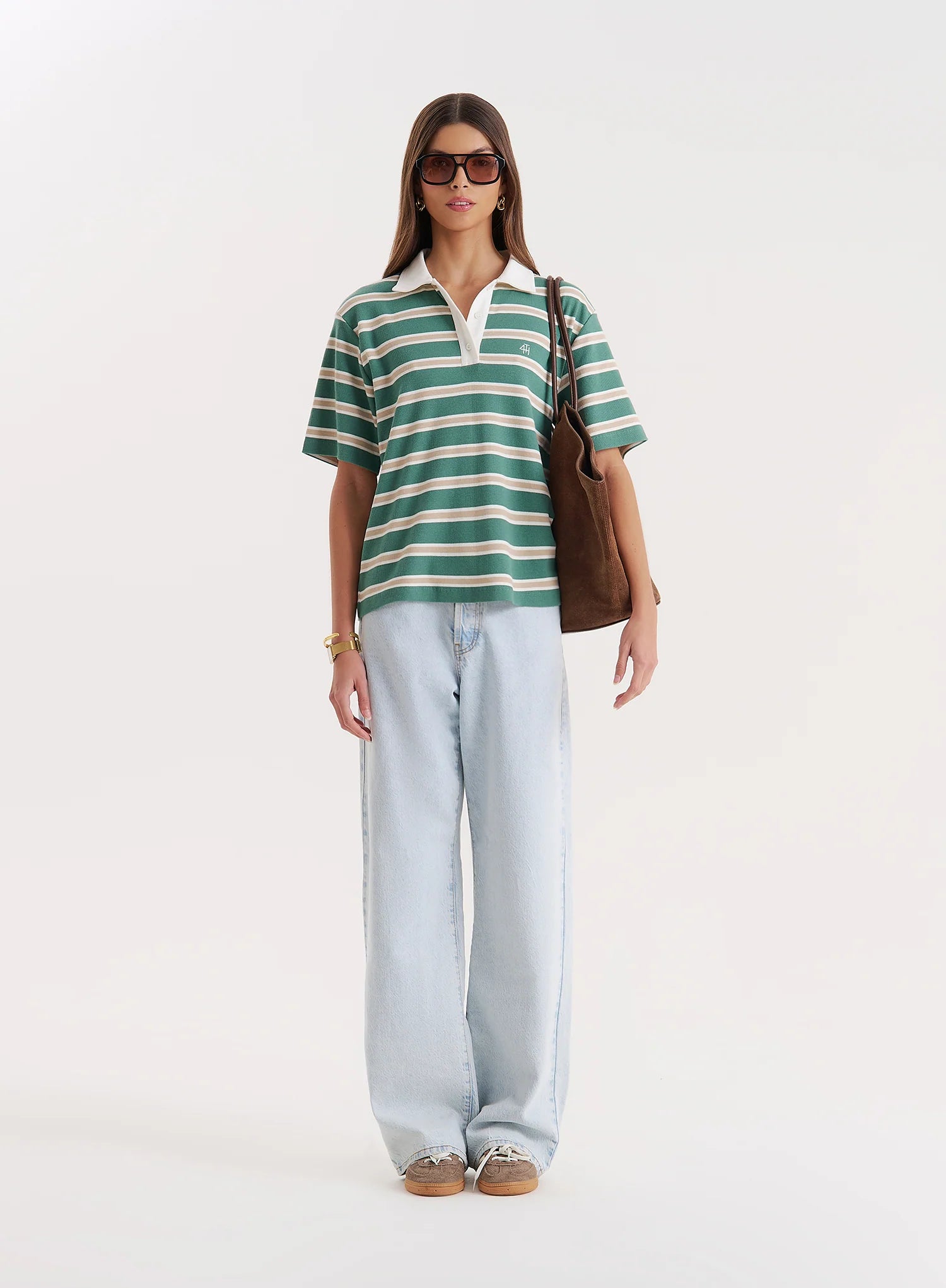 Green Stripe Short Sleeve Polo Top
