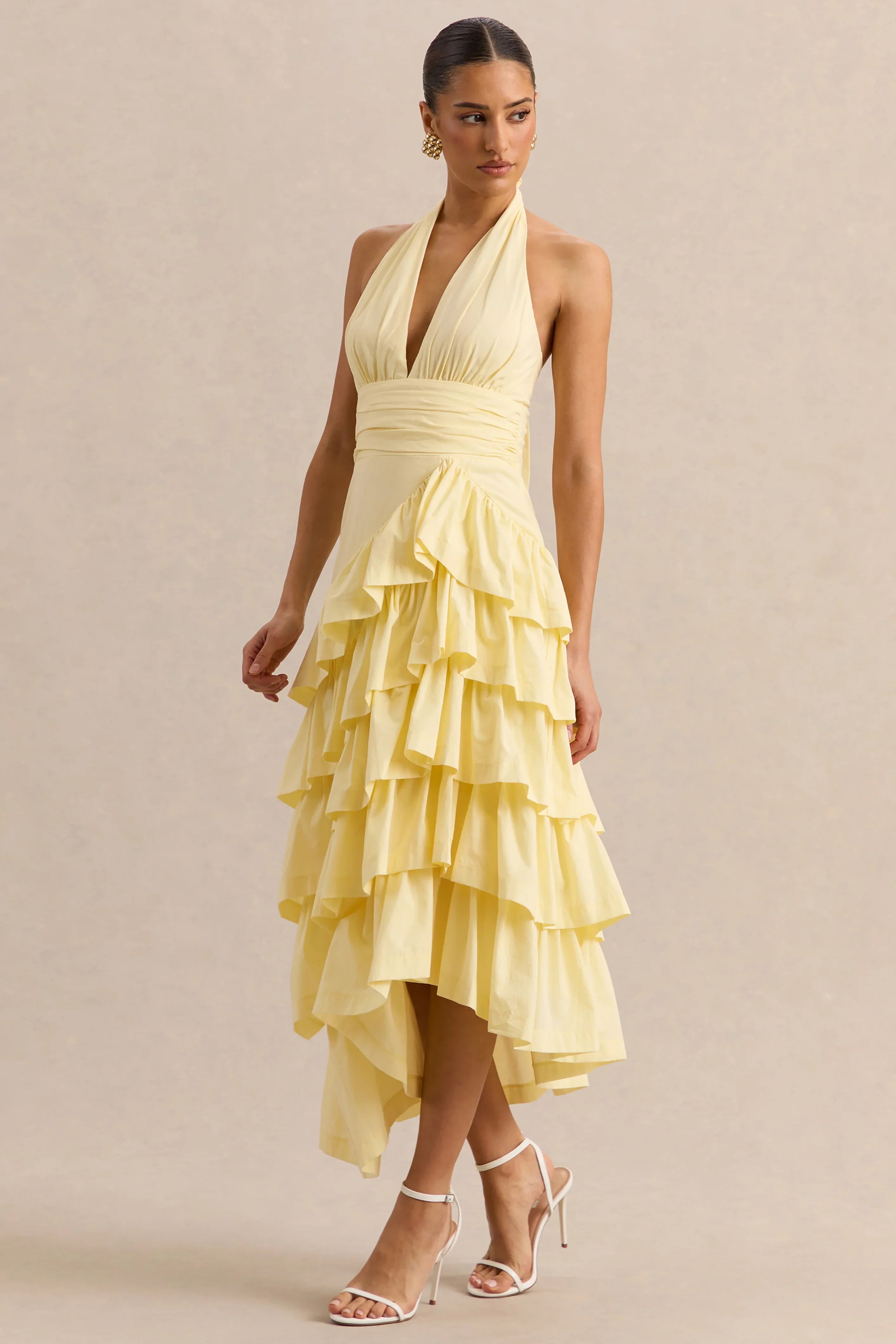 Velora Lemon Asymmetric Midi Dress With Tiered Ruffled Skirt