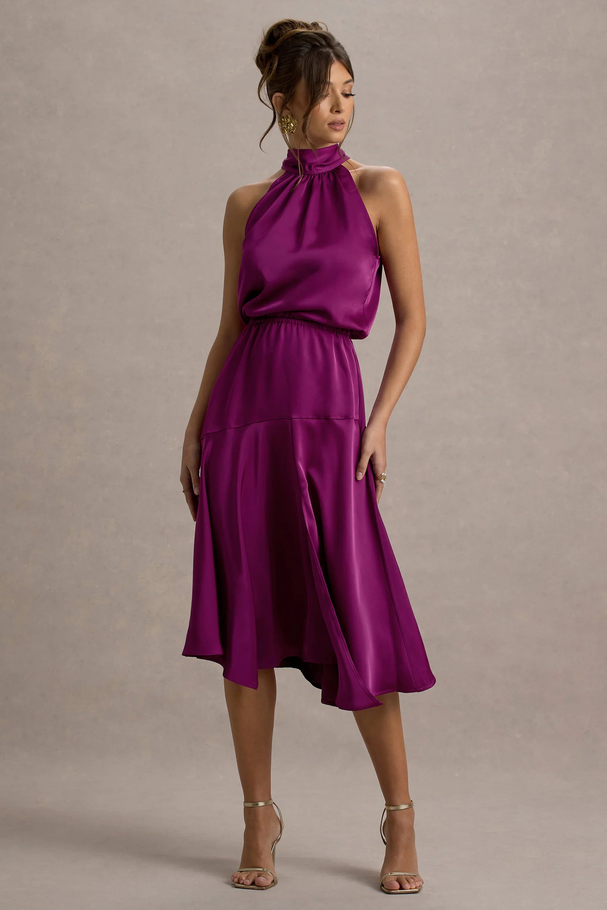 Palonia Dark Pink Satin High Neck Split Midi Dress