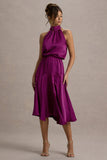 Palonia Dark Pink Satin High Neck Split Midi Dress