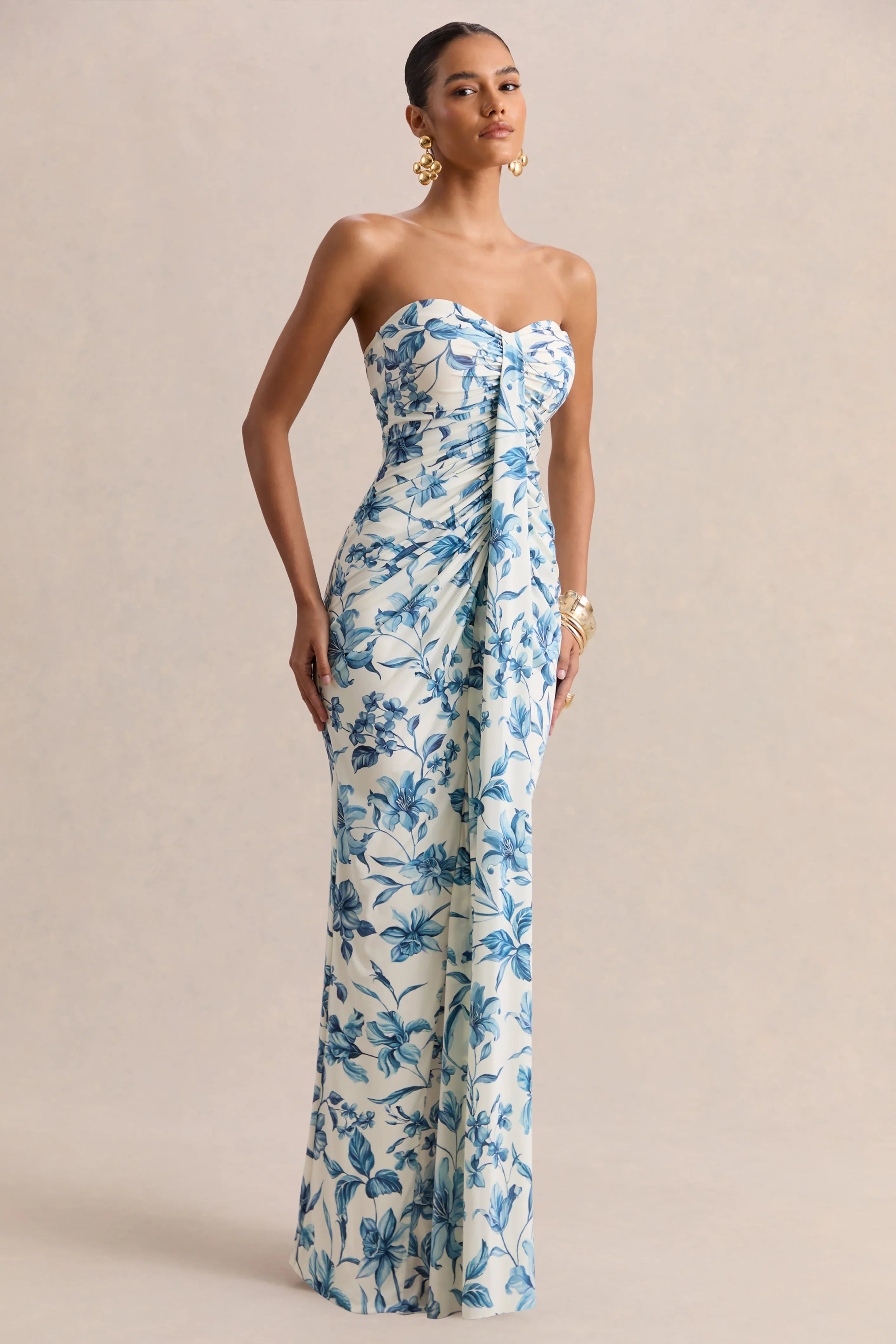 Ali Blue Porcelain Print Sweetheart Ruched Wrap Maxi Dress