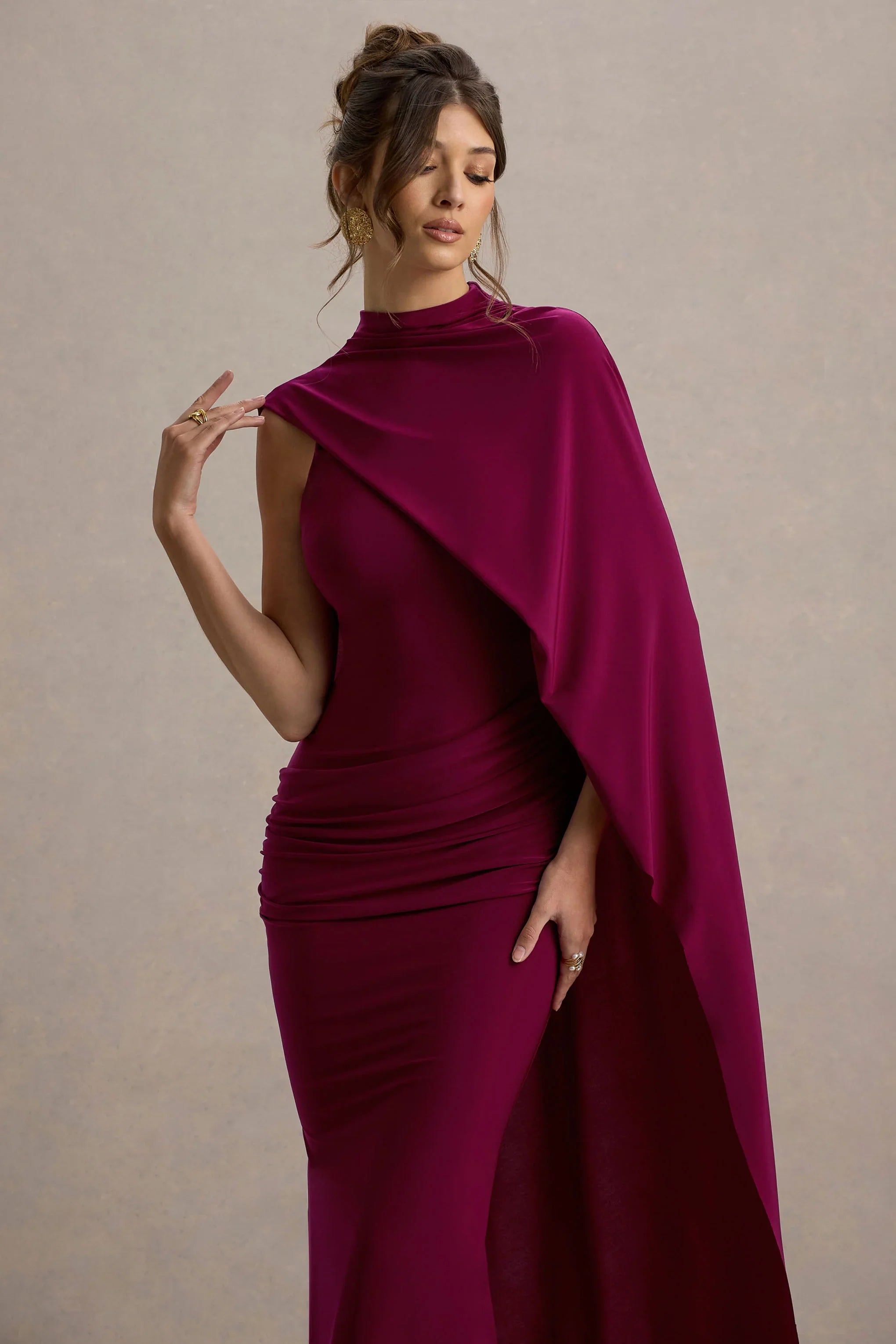 Maeve Burgundy Cape Sleeve Draped Maxi Dress