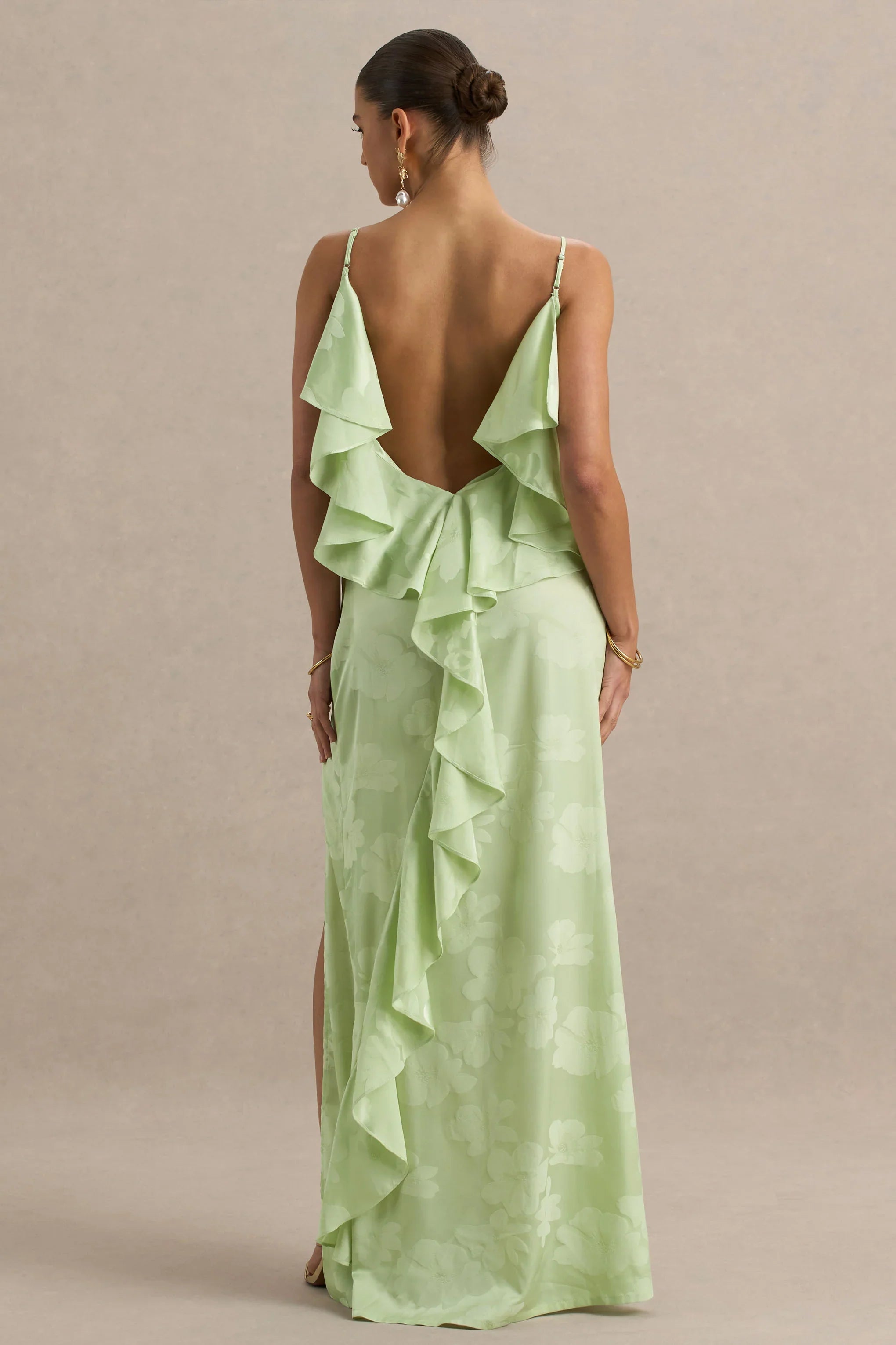 Maddie Light Green Floral Print Satin Cowl Neck Maxi Dress