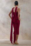 Rosaria Burgundy Lace Bandeau Midi Dress With Scarf Detail