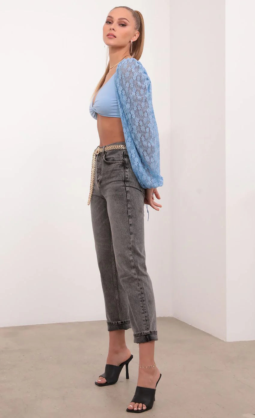 Lace Puff Sleeve Crop Top in Sky Blue