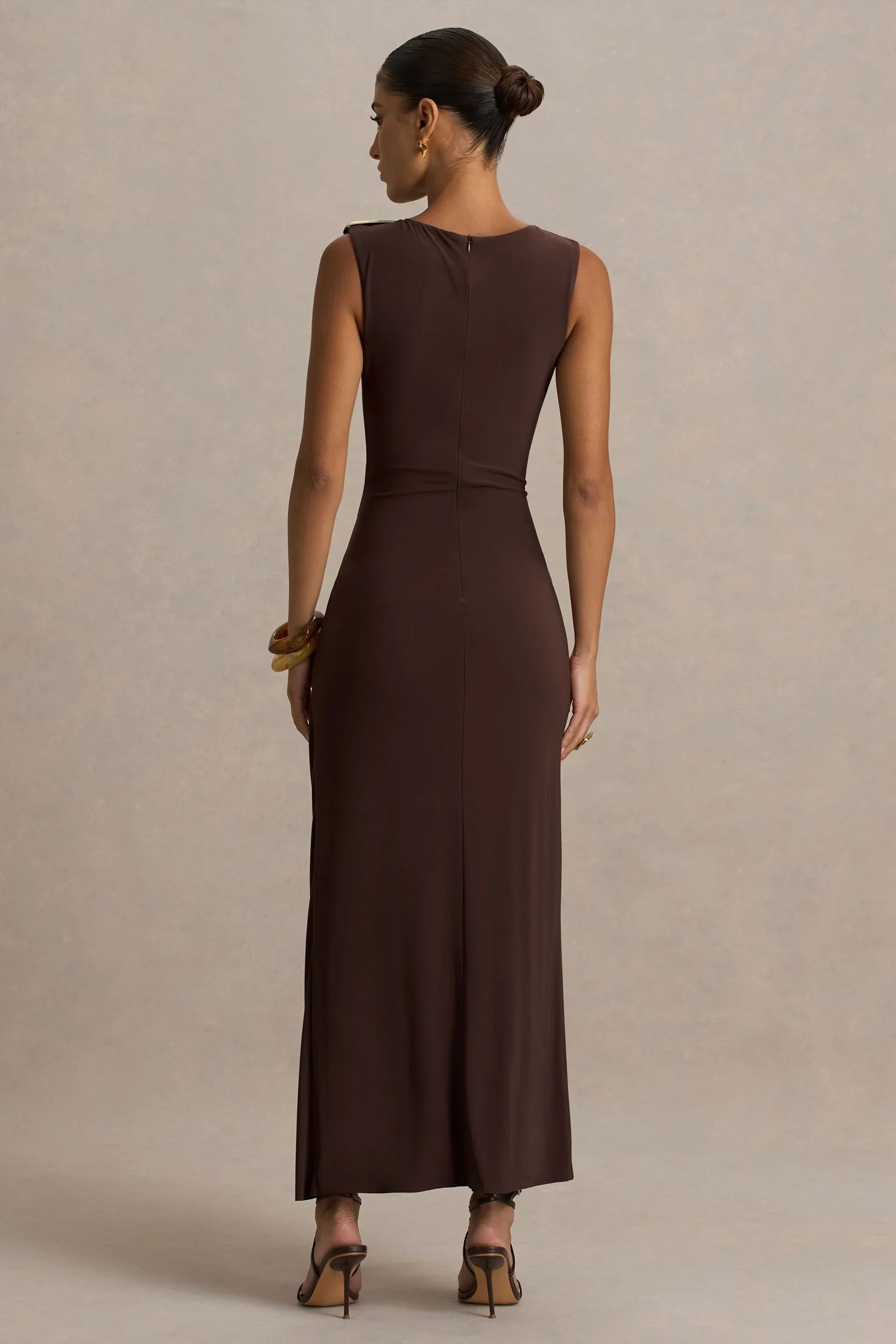 Fiora Brown Wide Neck Maxi Dress With Gathered Detail