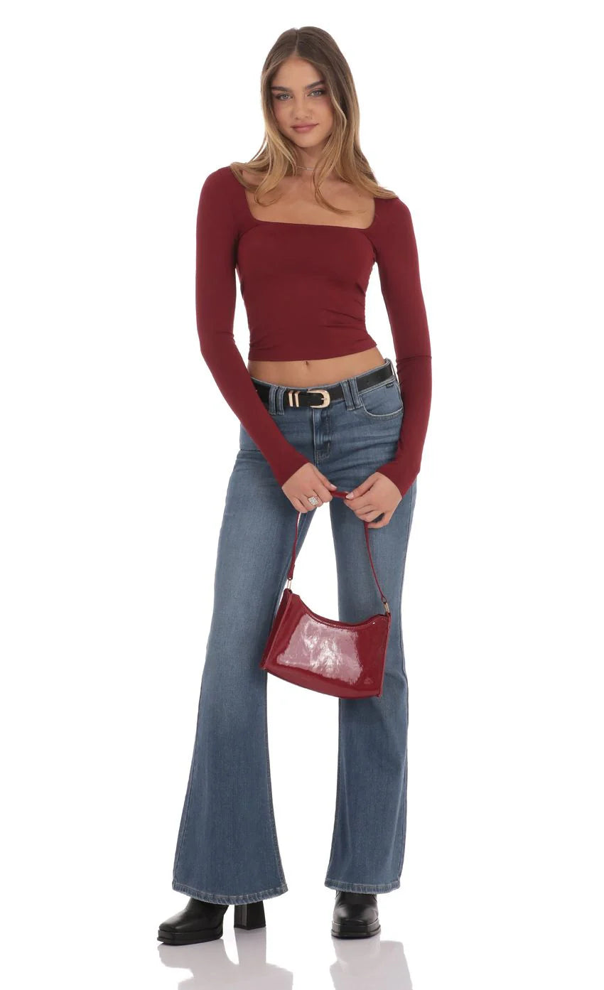 Scoop Neck Long Sleeve Top in Burgundy