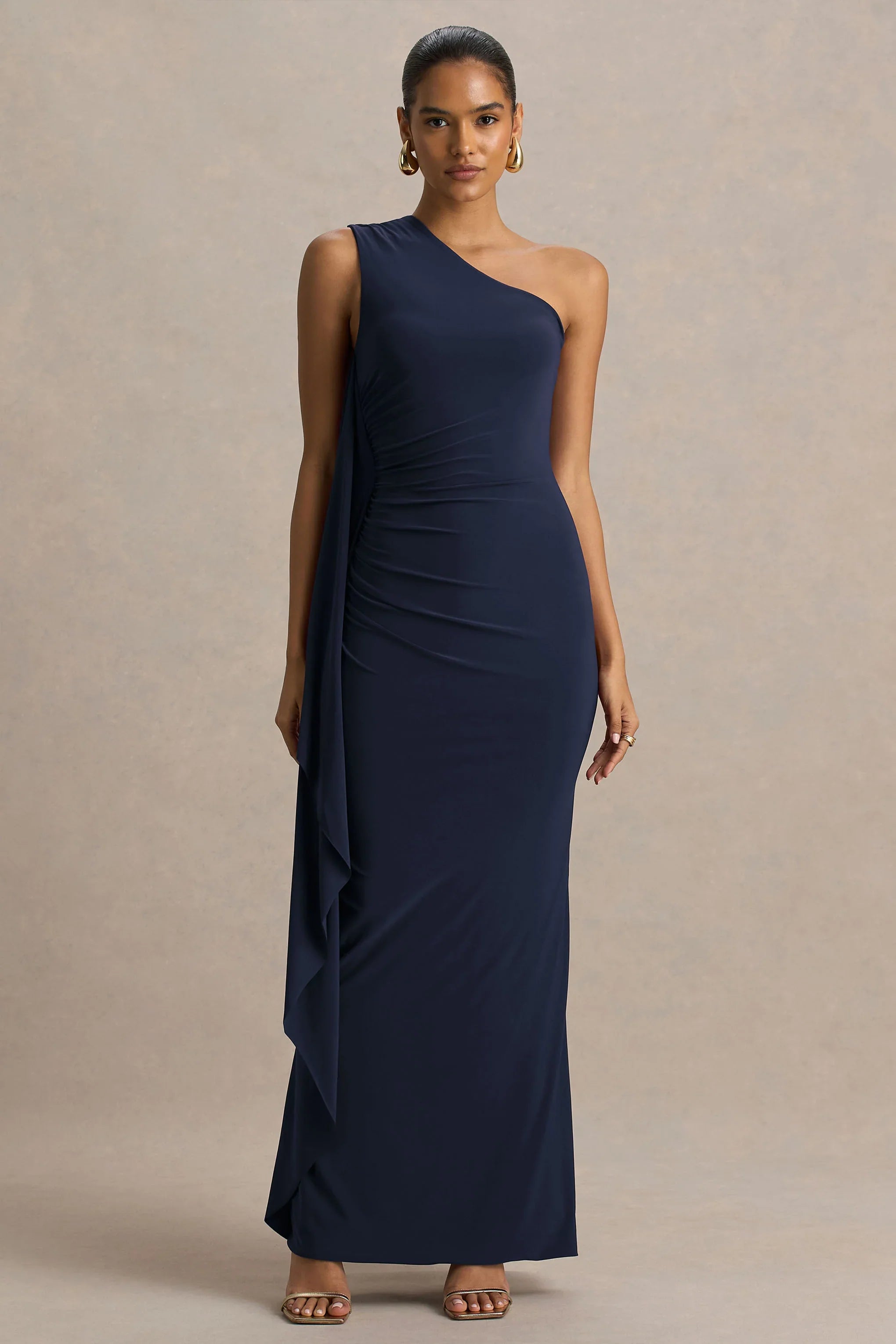 Adelina Navy One Shoulder Maxi Dress With Drape