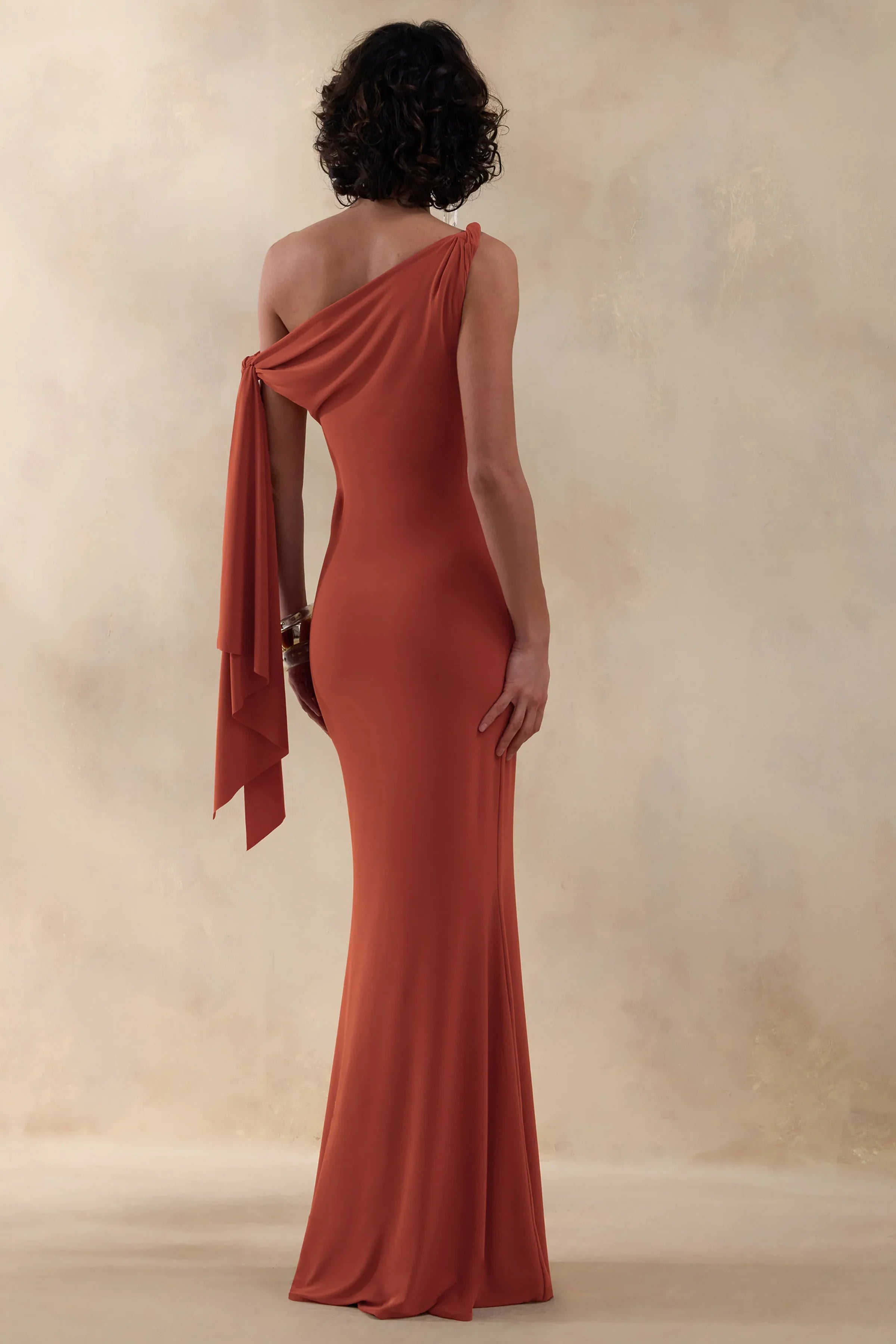 Vista Rust Asymmetric Neck Maxi Dress With Knot Sleeve Detail
