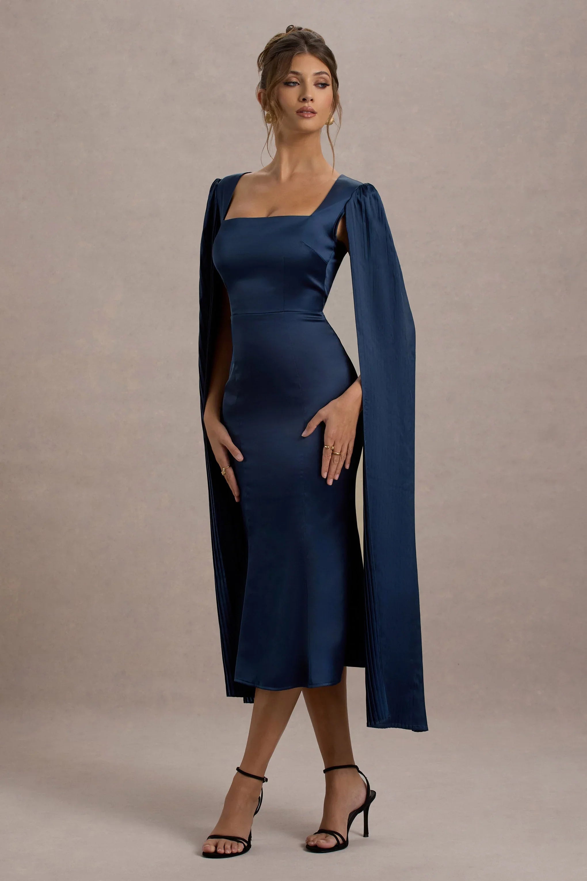 Nalda Navy Square Neck Midi Dress With Cape Sleeves