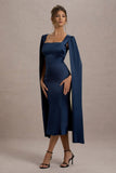 Nalda Navy Square Neck Midi Dress With Cape Sleeves