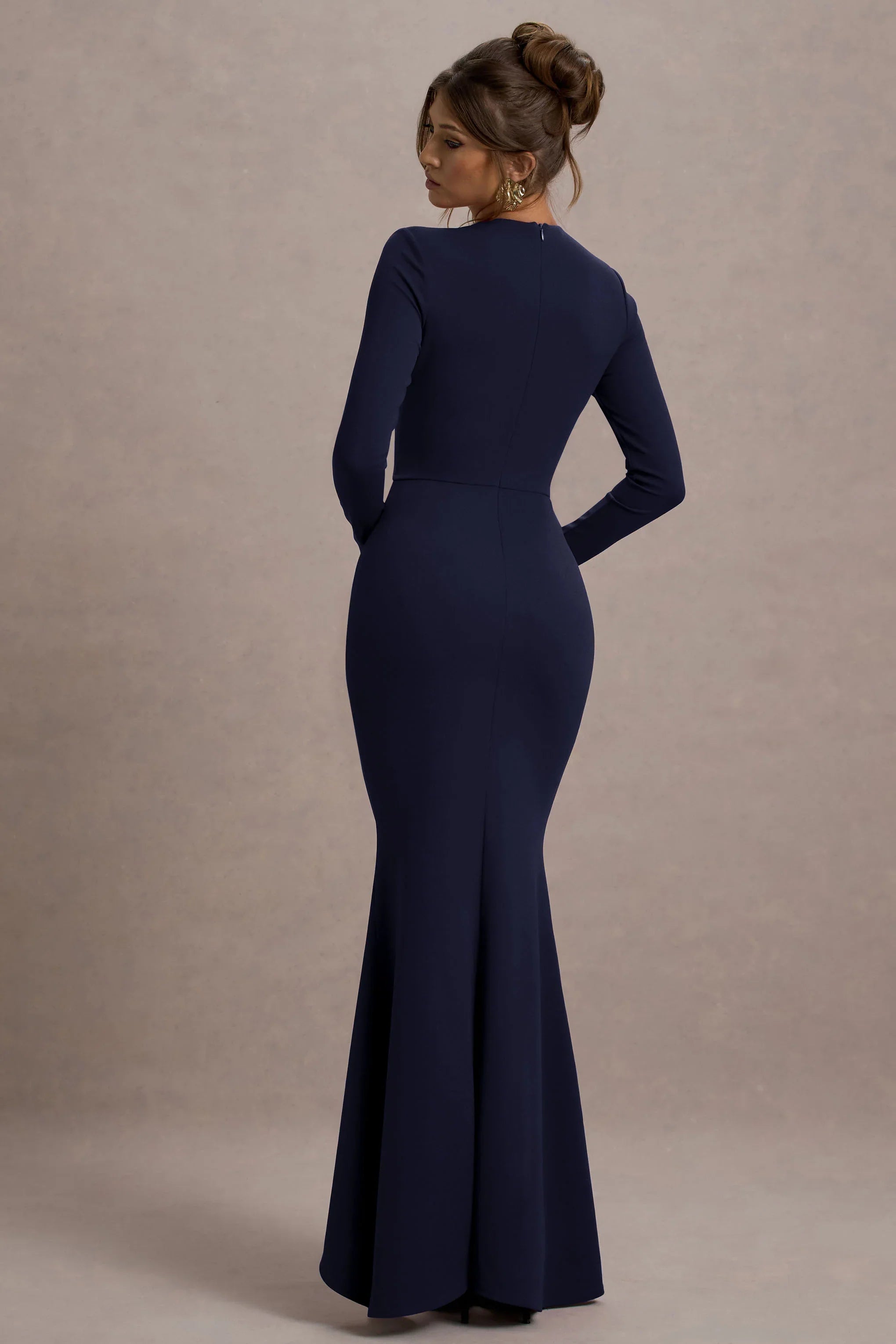 Alayna Navy Long Sleeve Maxi Dress With Ruffled Split
