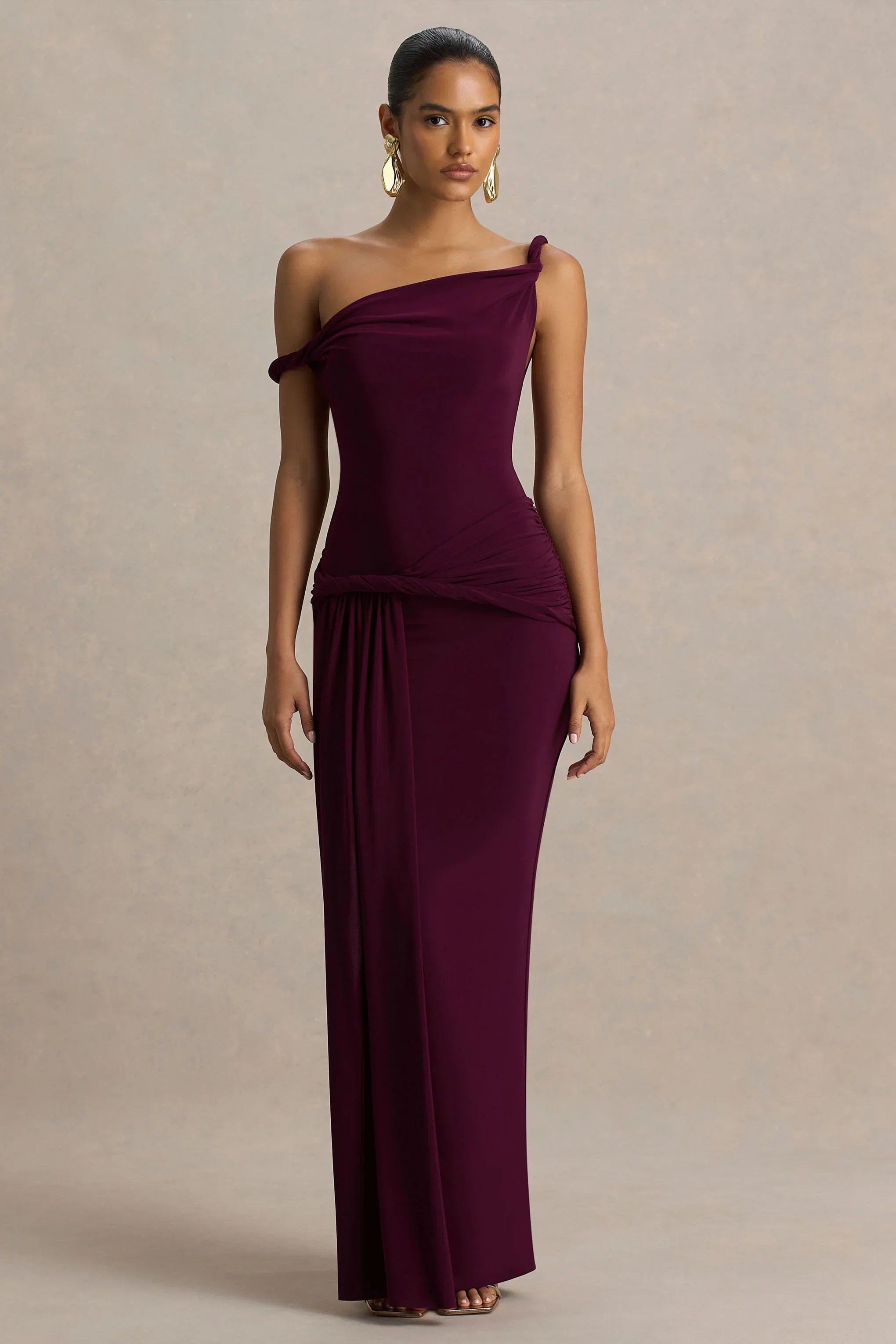 Tulisa Burgundy Asymmetric Neck Maxi Dress With Twist Sleeves And Ruched Detailing