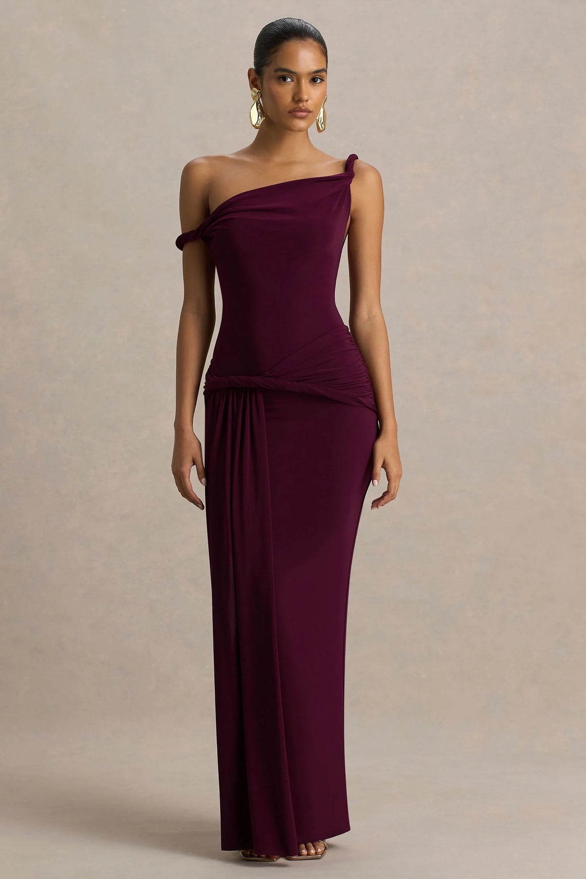 Tulisa Burgundy Asymmetric Neck Maxi Dress With Twist Sleeves And Ruched Detailing