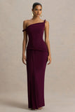 Tulisa Burgundy Asymmetric Neck Maxi Dress With Twist Sleeves And Ruched Detailing
