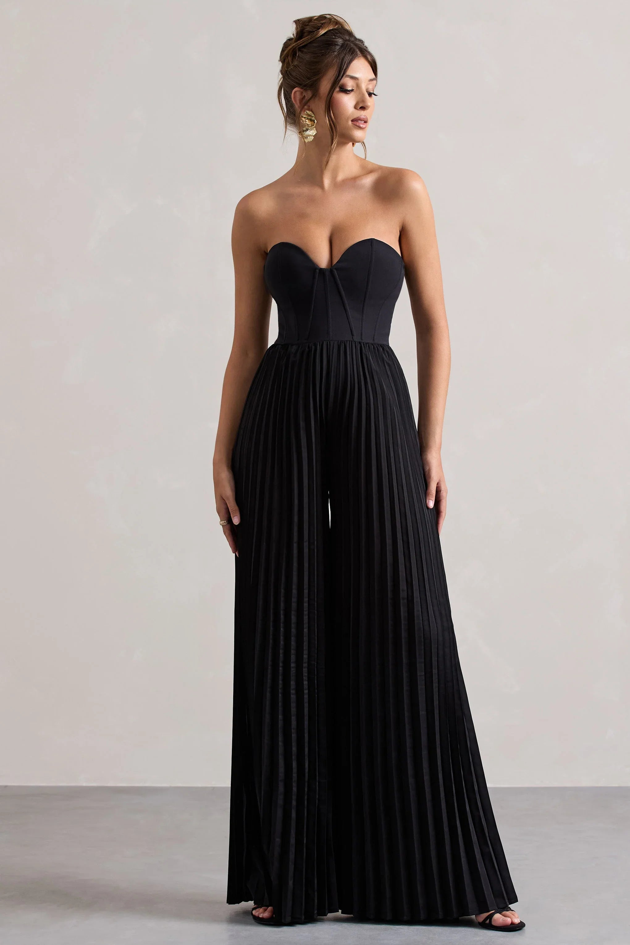 Lorelai Black Corset Plisse Wide Leg Jumpsuit