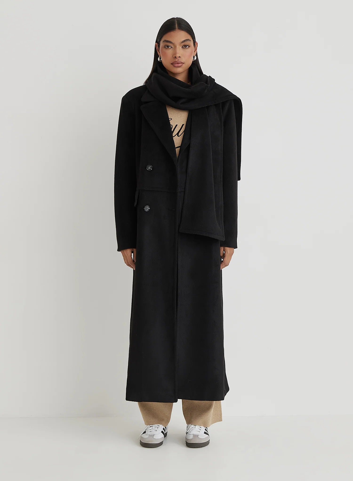 Black Tailored Oversized Maxi Coat With Scarf Melia