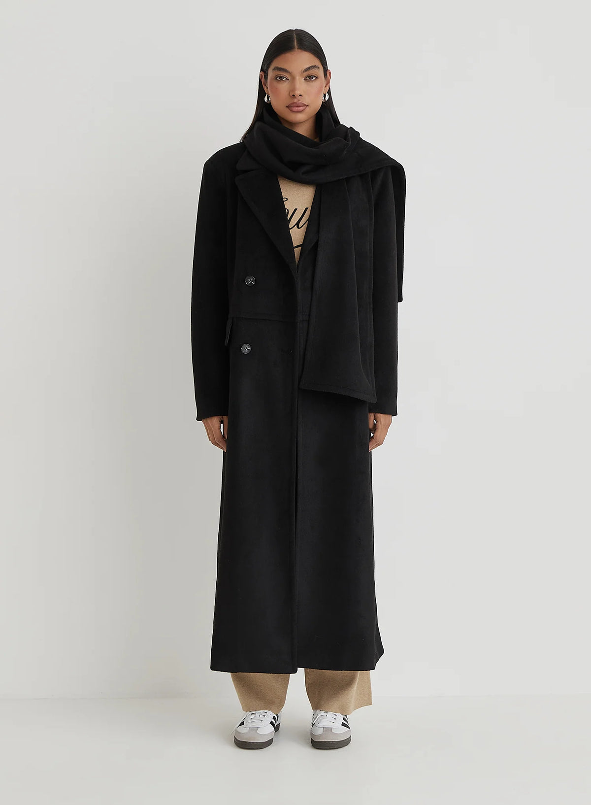 Black Tailored Oversized Maxi Coat With Scarf Melia