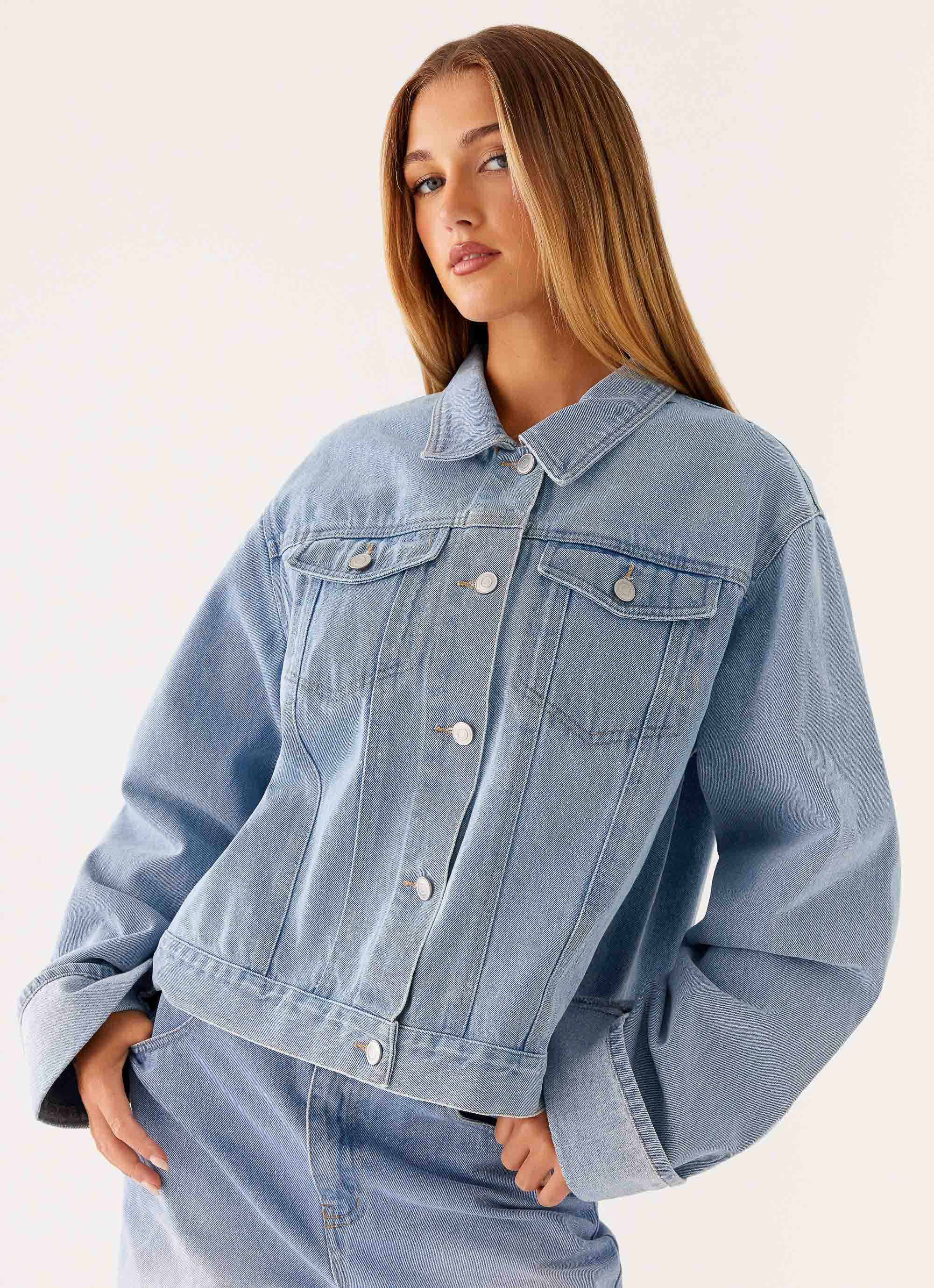 Back Again Oversized Denim Jacket Light Wash Blue