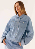 Back Again Oversized Denim Jacket Light Wash Blue