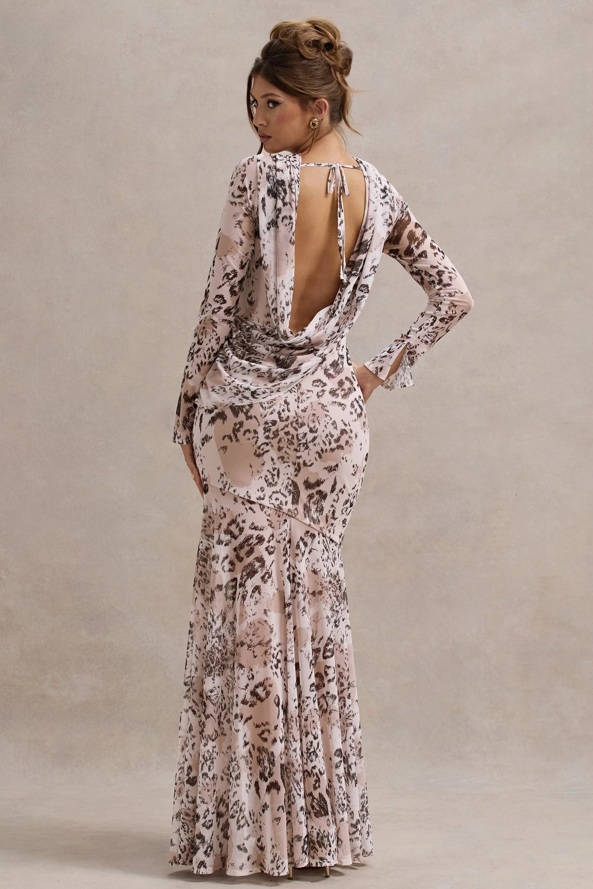 Tigerlily Leopard Print Mesh Long Sleeve Open Back Maxi Dress