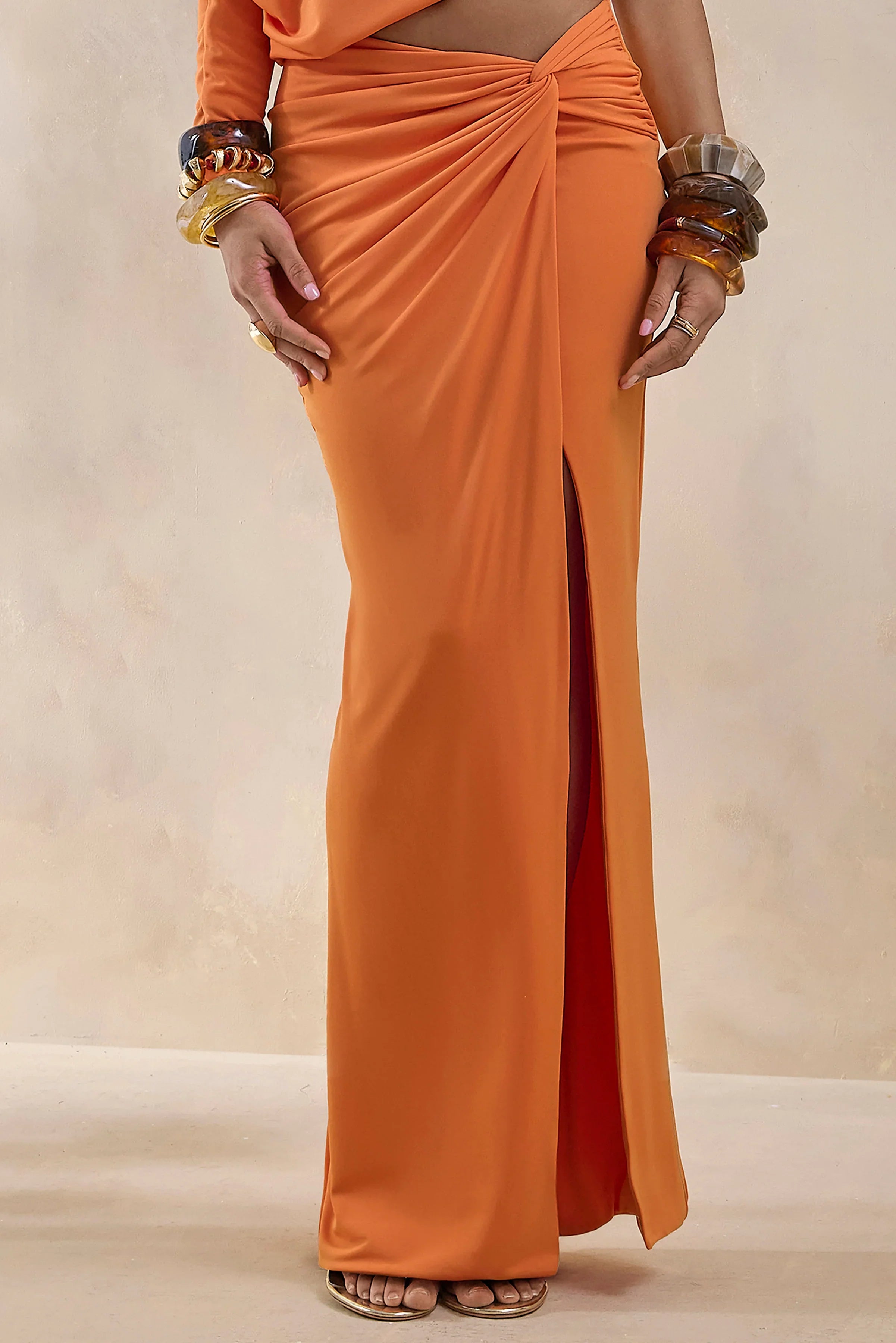 Marlena Orange Twisted Split Maxi Skirt
