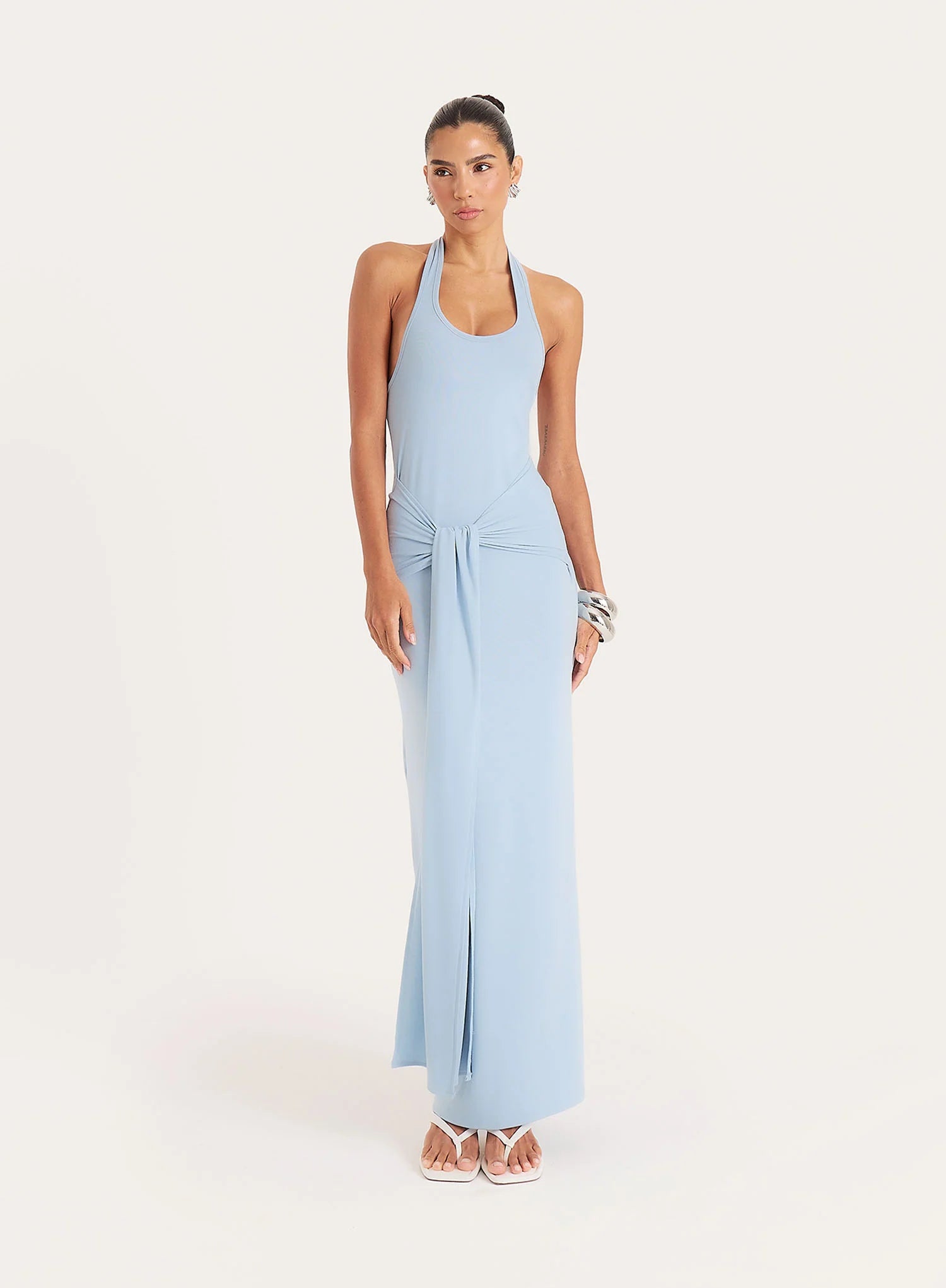 Blue Halterneck Belt Detail Maxi Dress