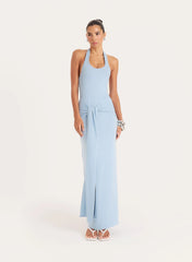Blue Halterneck Belt Detail Maxi Dress