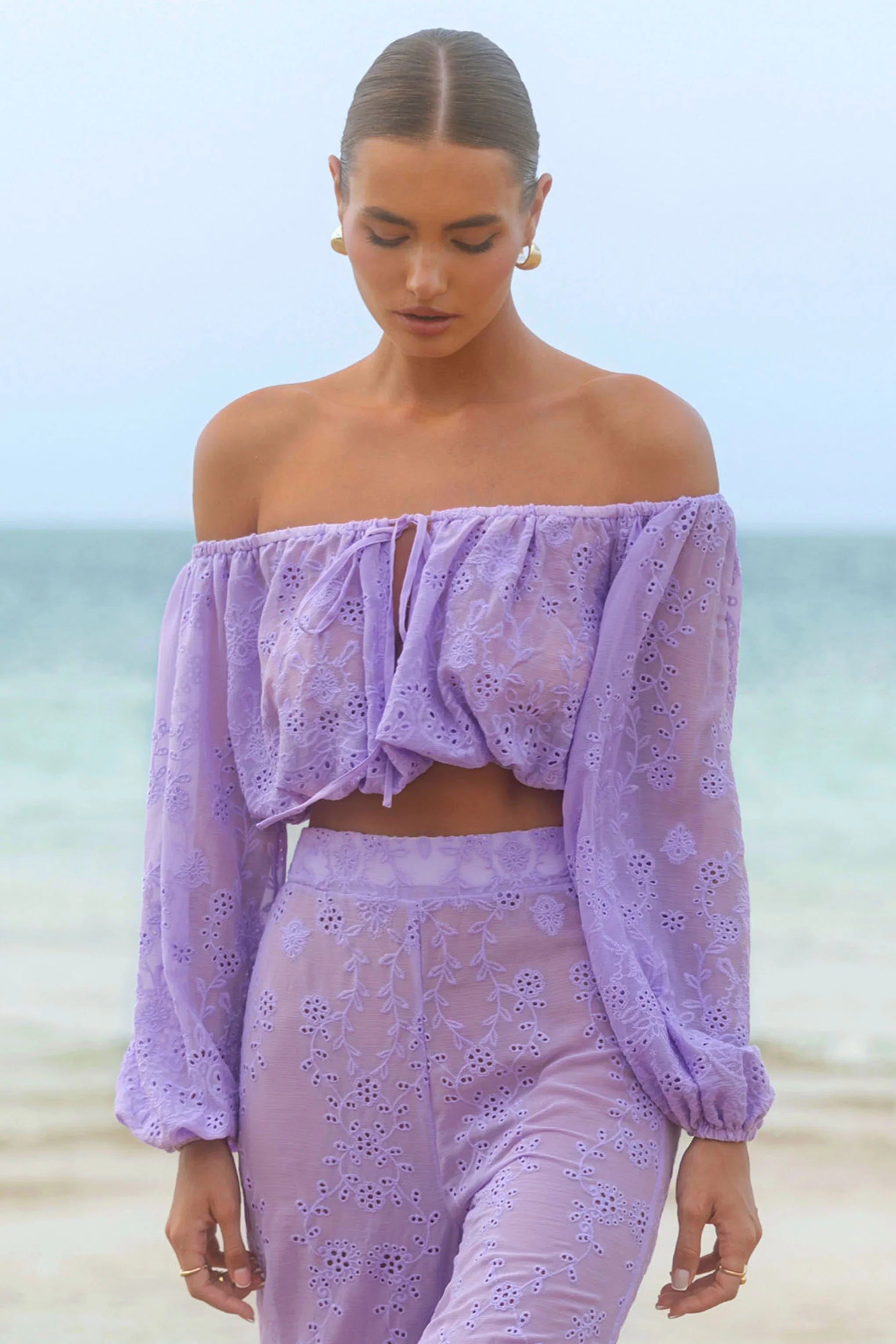 Fabienne Lilac Broidery Bardot Puff Sleeve Top