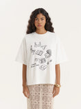Cream Illustration Print Oversized T Shirt