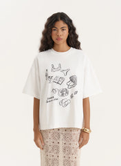 Cream Illustration Print Oversized T Shirt