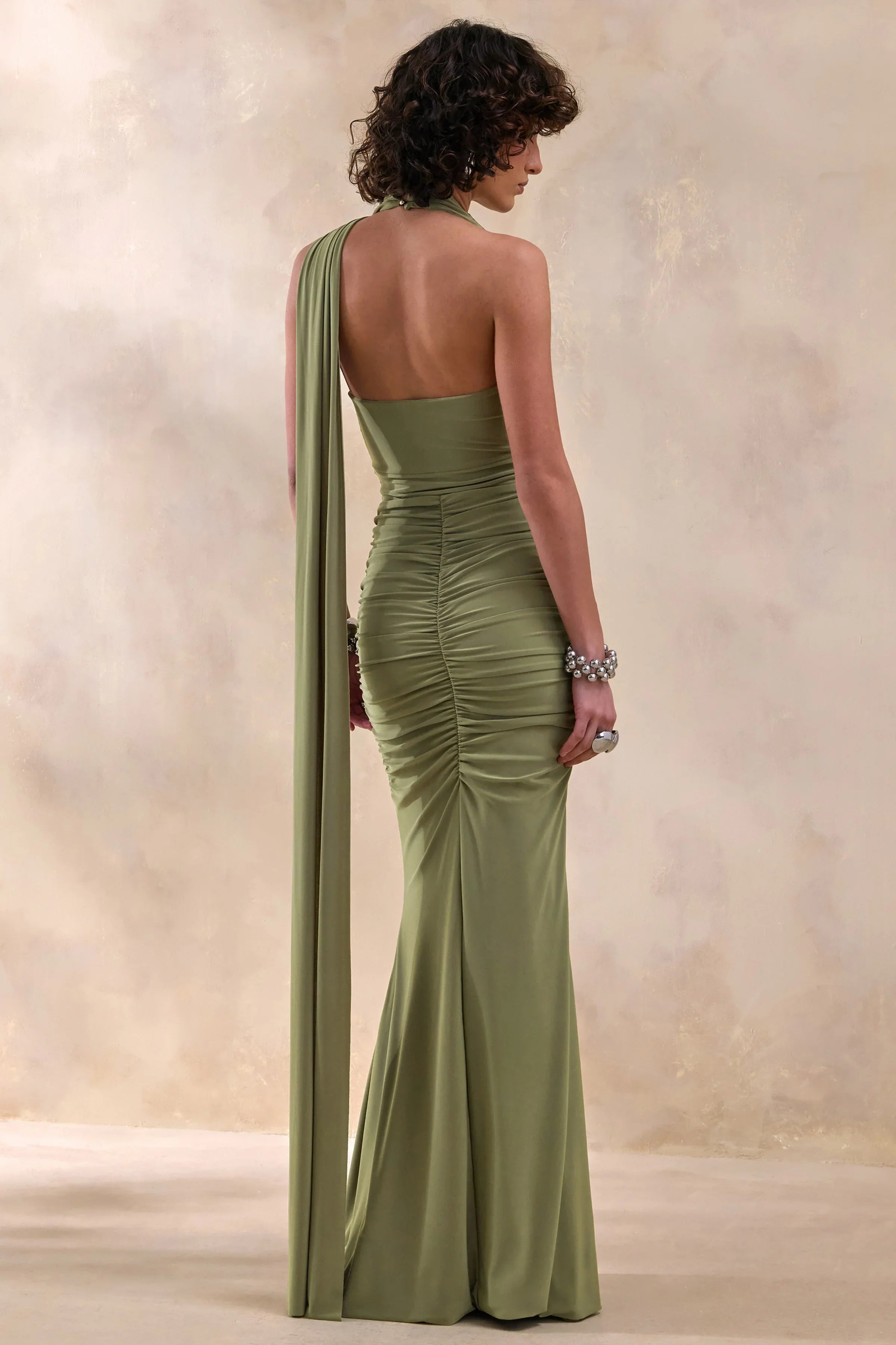 Roselani Olive Halter Neck Maxi Dress With Open Back