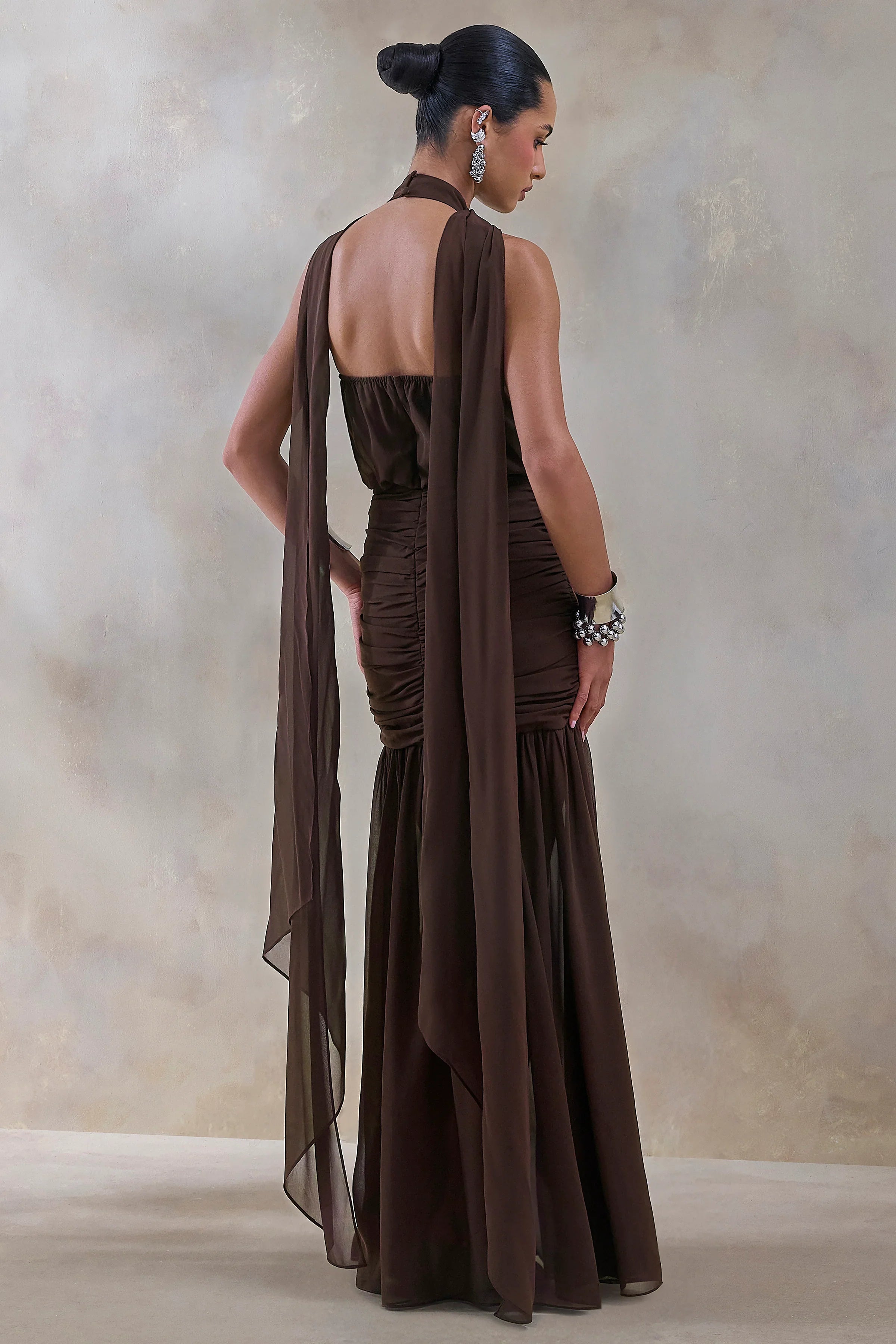 Veronique Brown Halter Neck Maxi Dress