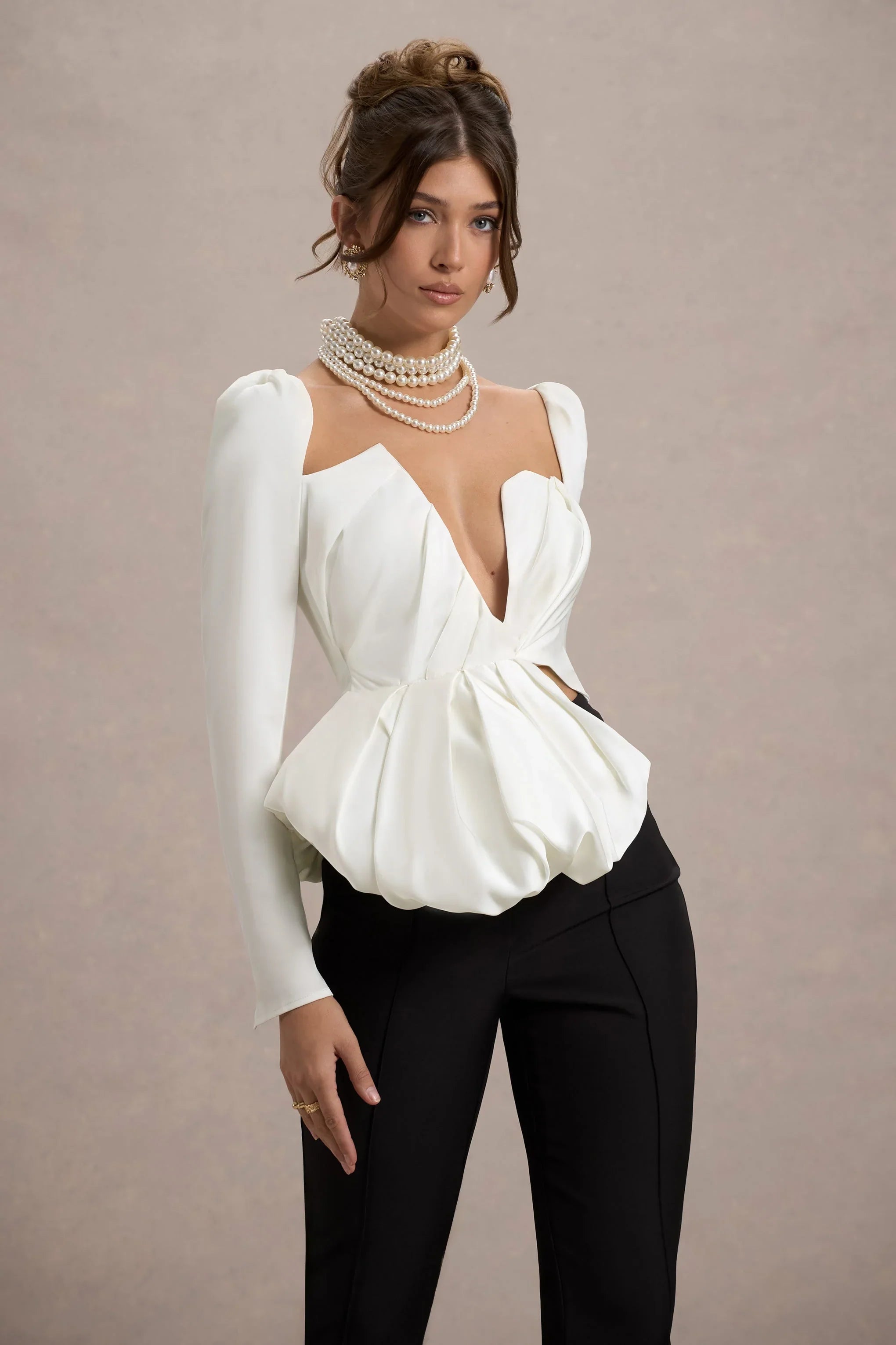 Bensley Ecru Satin Asymmetric Plunge Neck Top With Ruffle