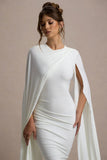 Marysol White Asymmetric Cape Midi Dress