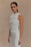 Pruedance Slinky Draped Top With Mesh Overlay White