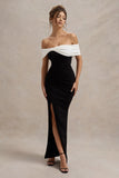 Eva Black White Bardot Bow Detail Maxi Dress With Thigh Split