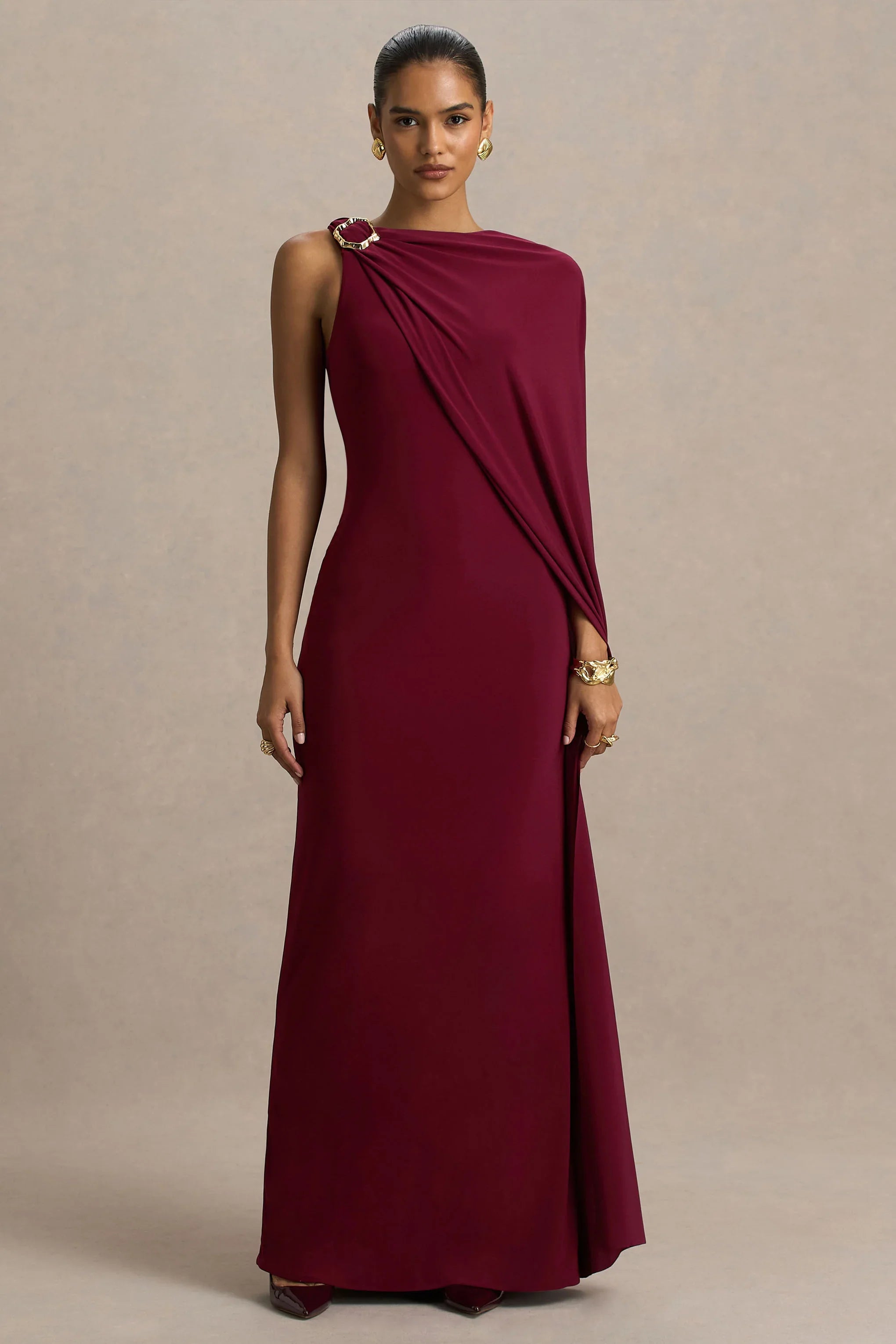 Cressida Burgundy Asymmetric Neck Maxi Dress With Cape And Gold Detail