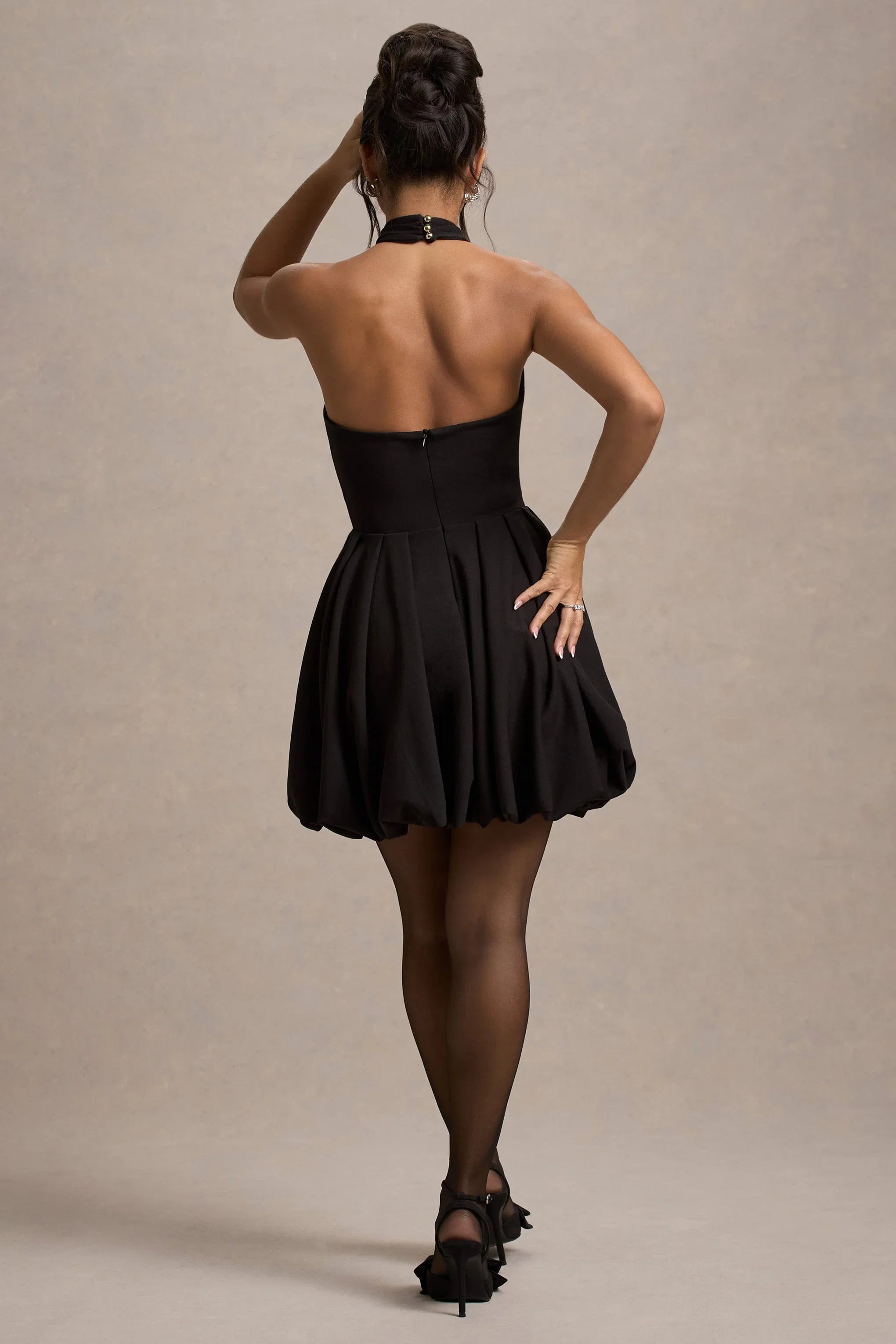 Klytie Black Halter Neck Mini Dress With Puff Ball Skirt