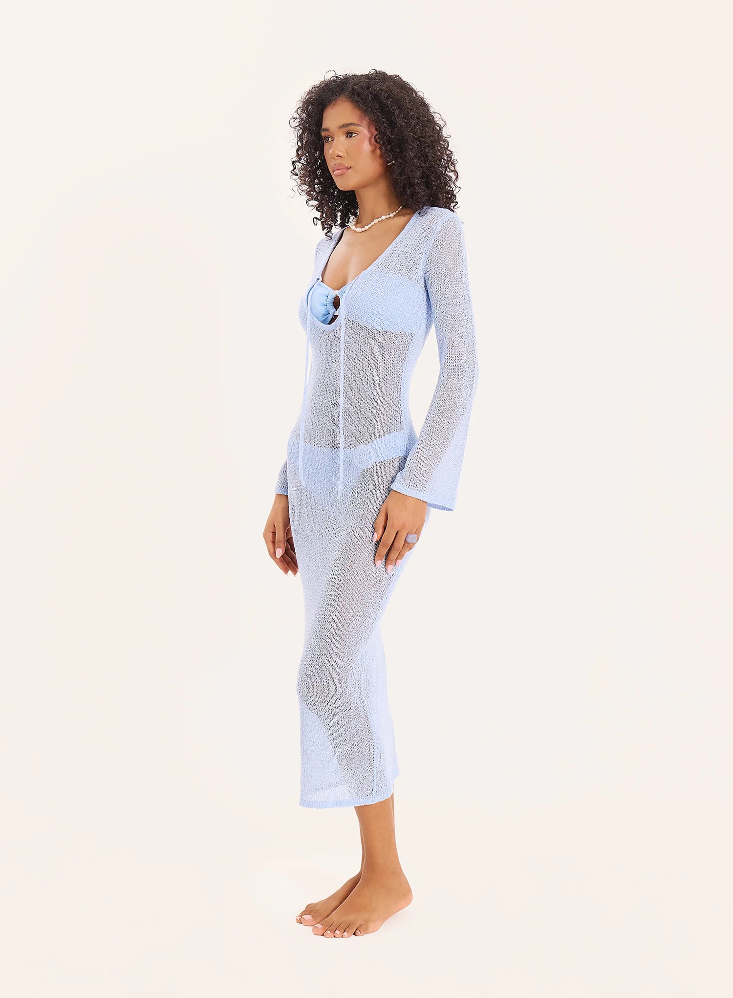 Blue Semi Sheer Cut Out Keyhole Knitted Maxi Dress