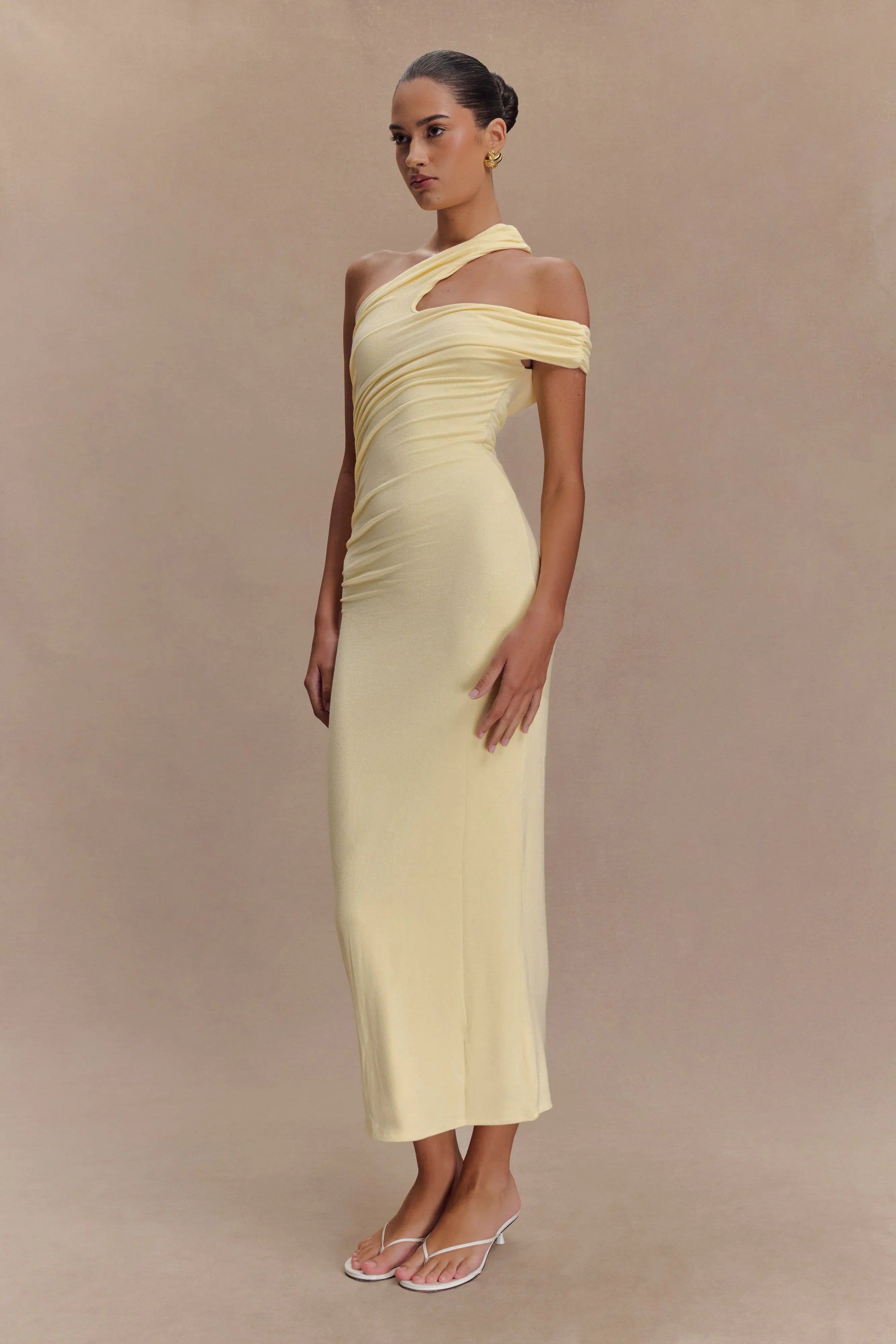 Anastasia One Shoulder Modal Midi Dress Pale Lemon