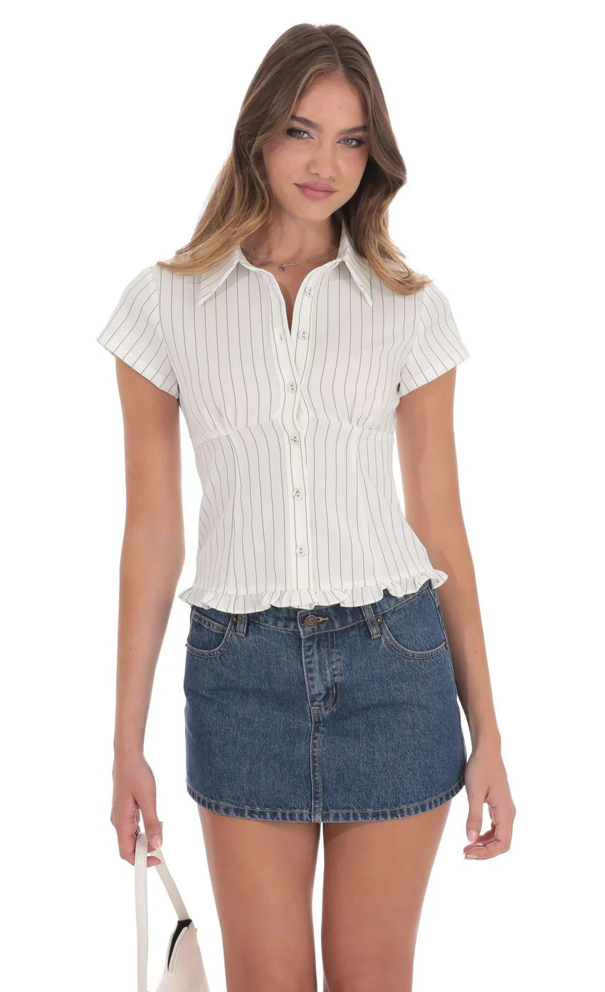 PinStripe Button Up Ruffle Top in White
