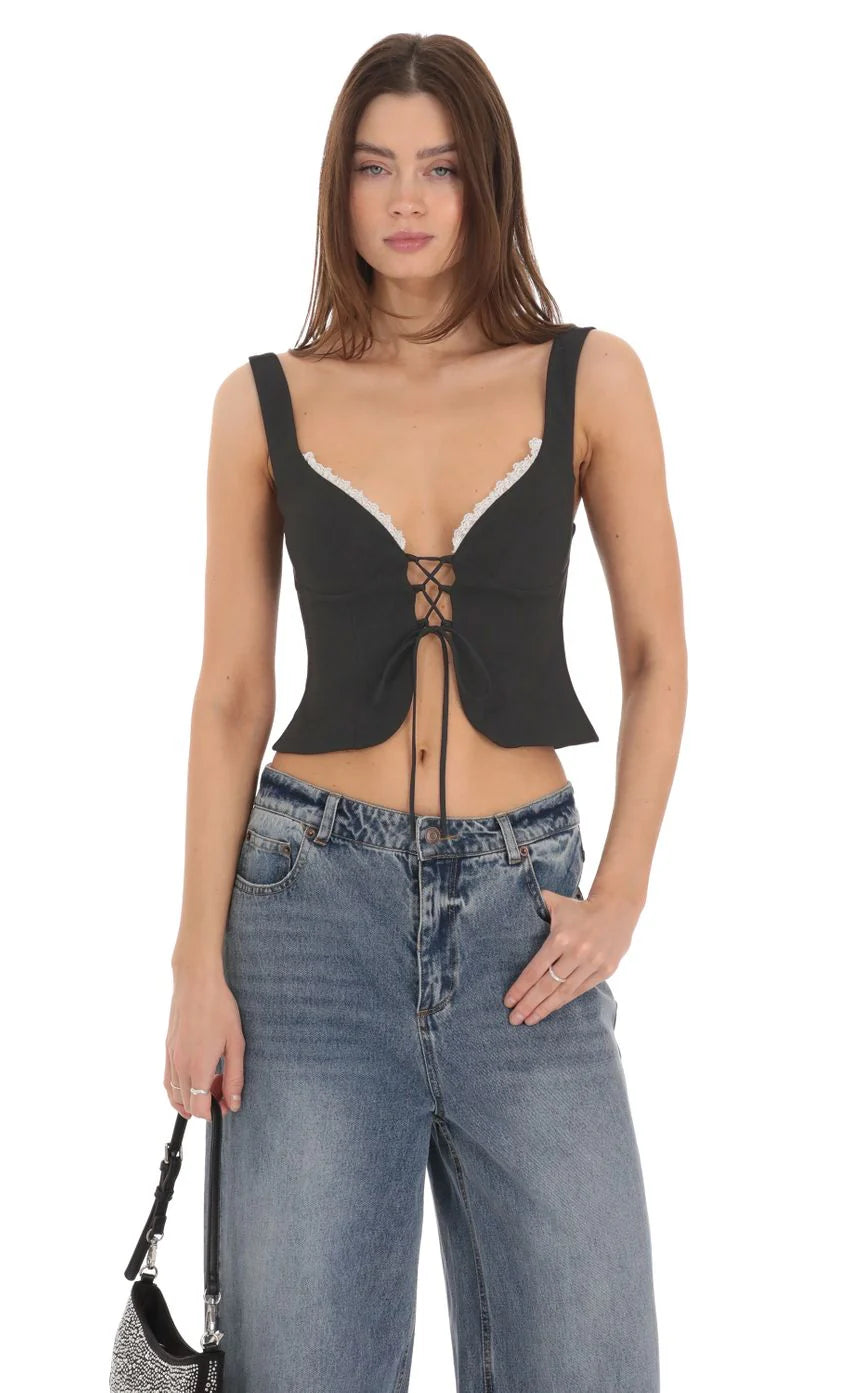 Front Tie Vest Top in Black