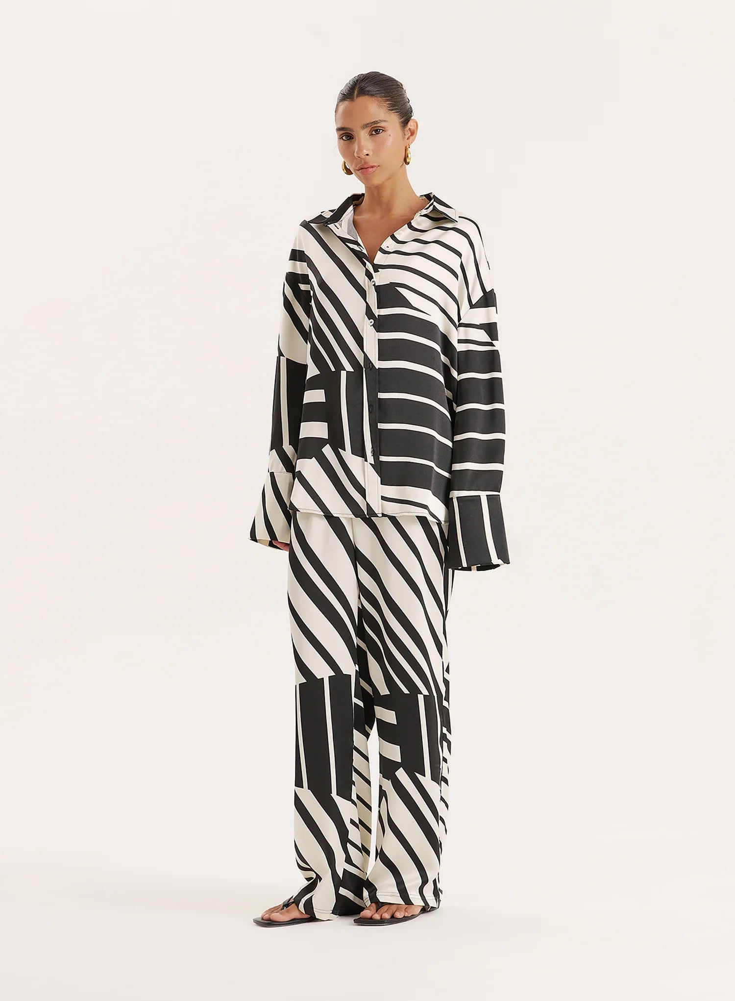 Black And White Abstract Print Satin Shirt