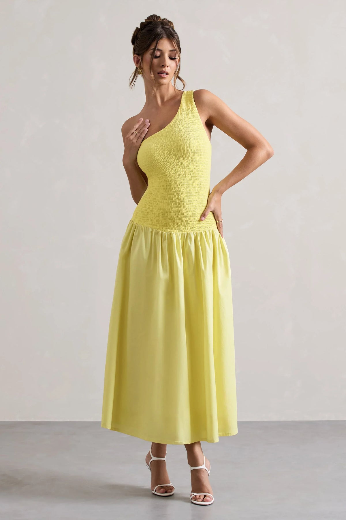 Sorbet Lemon Poplin One Shoulder Pleated Maxi Dress