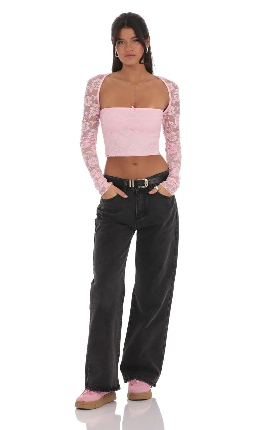 Lace Long Sleeve Top in Pink