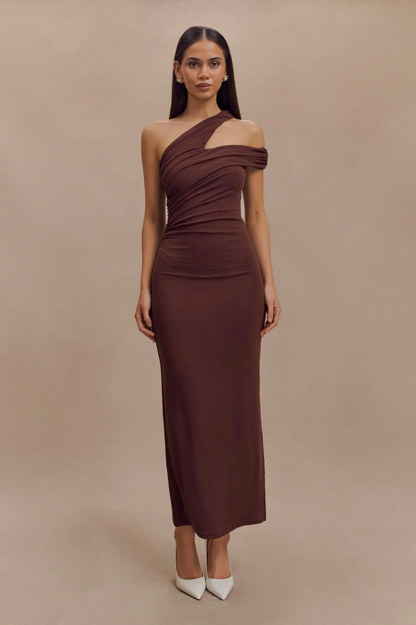 Anastasia One Shoulder Modal Midi Dress Mahogany